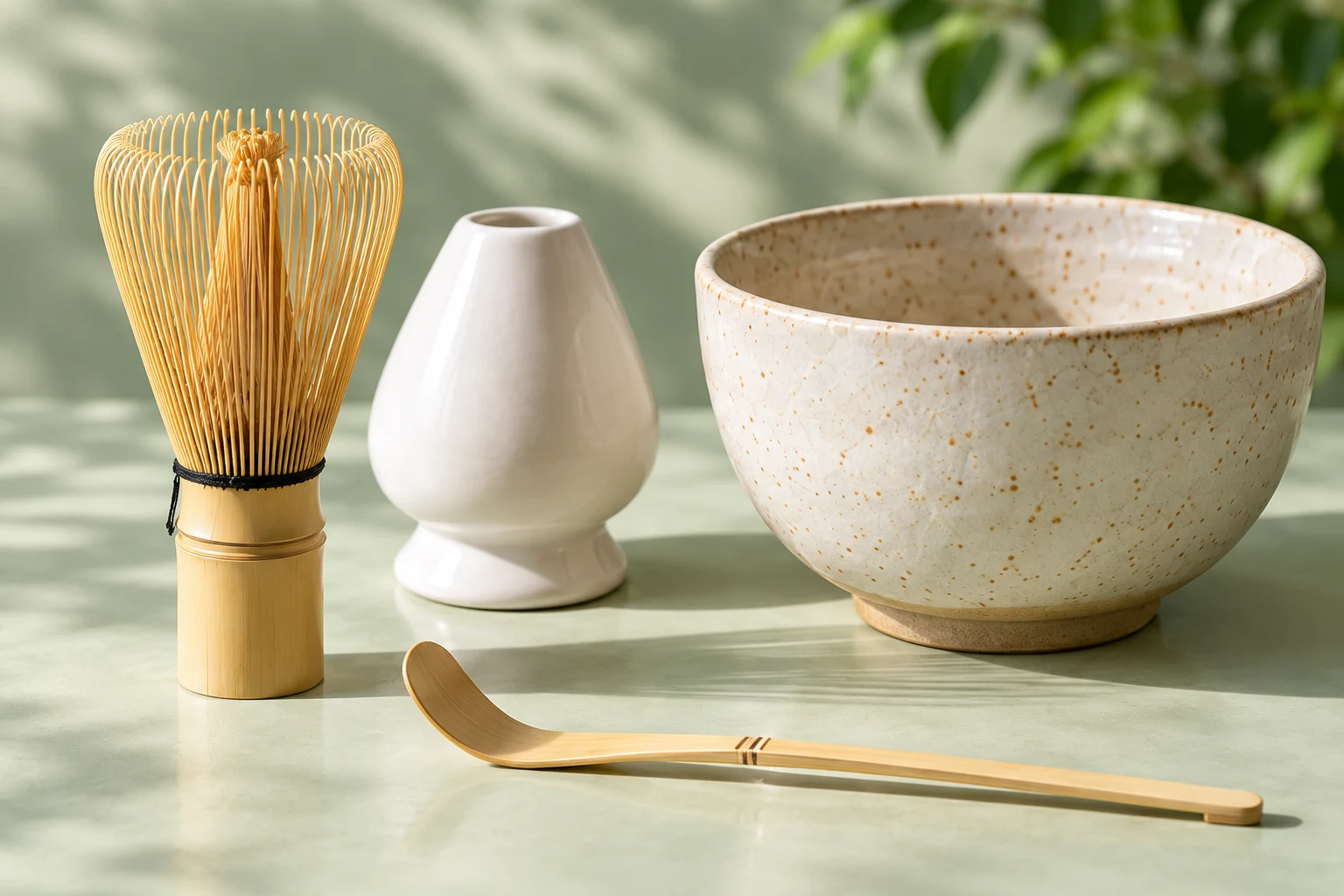 Illustrative bamboo whisk, ceramic whisk stand, bowl, and scoop on a celadon table.