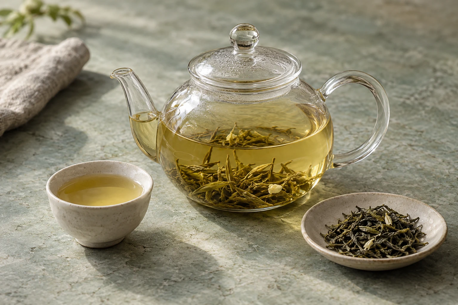 Illustrative glass kettle of jasmine tea with visible tea leaves, a ceramic cup, and loose leaves on a celadon stone table.